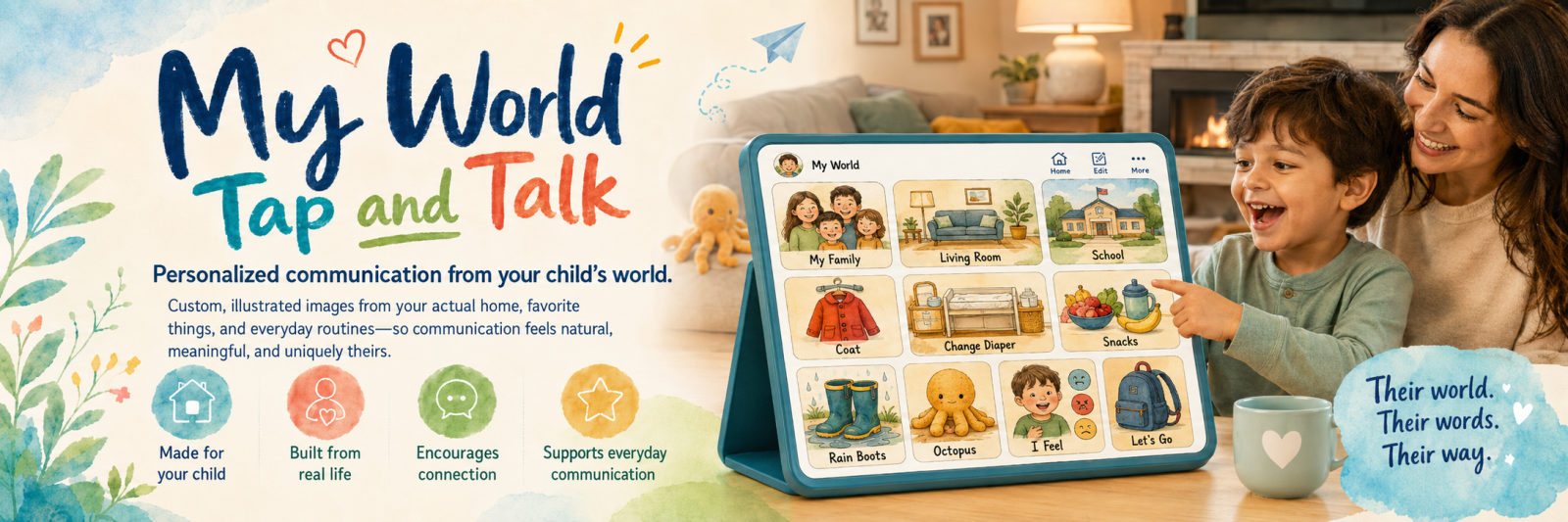 My World: Tap and Talk — personalized communication from your child's world, shown on a tablet a child is using.